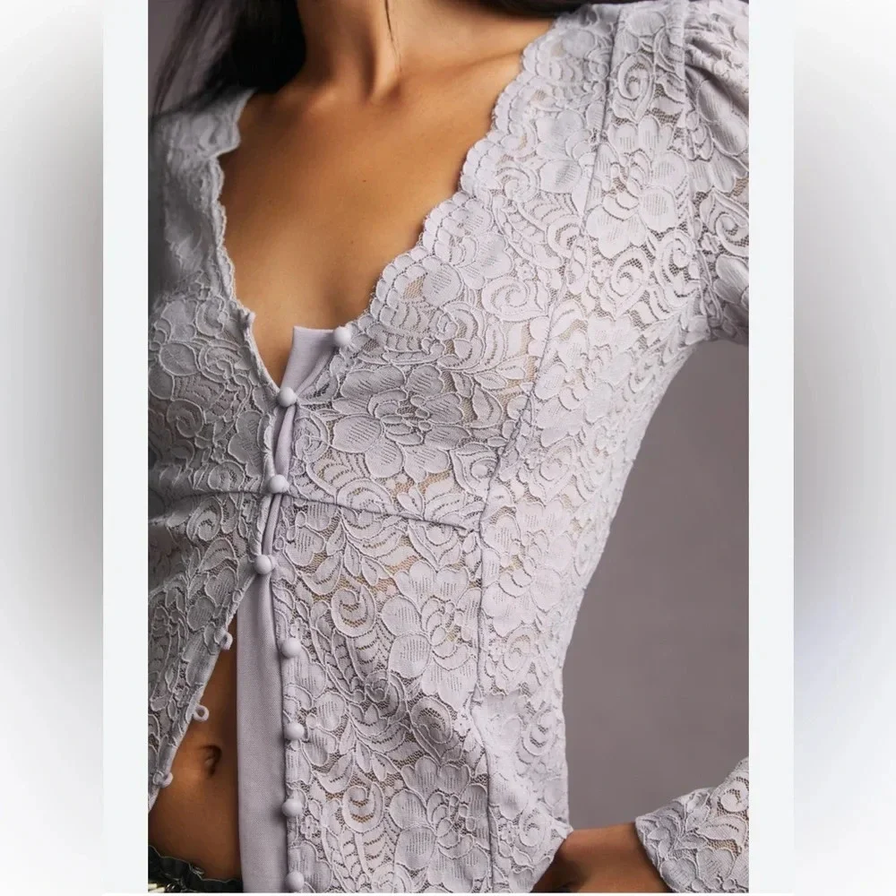 Anthropologie Lace Button Front Long Sleeve Top Size XS